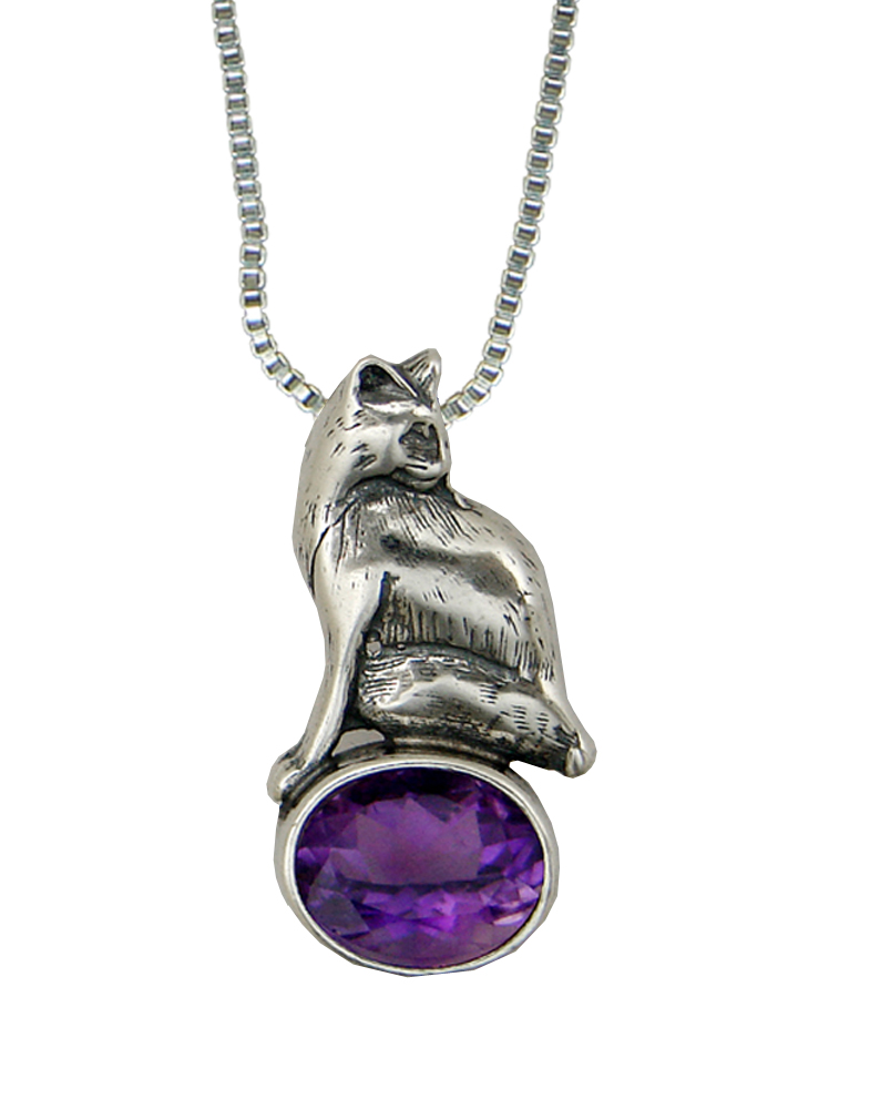 Sterling Silver Regal Cat Pendant With Amethyst